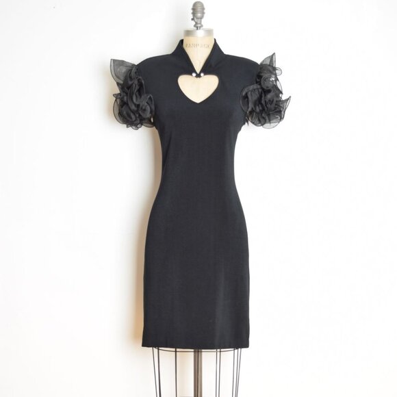 vintage 80s party dress black heart cutout backless party short prom ruffle M - Picture 2 of 11